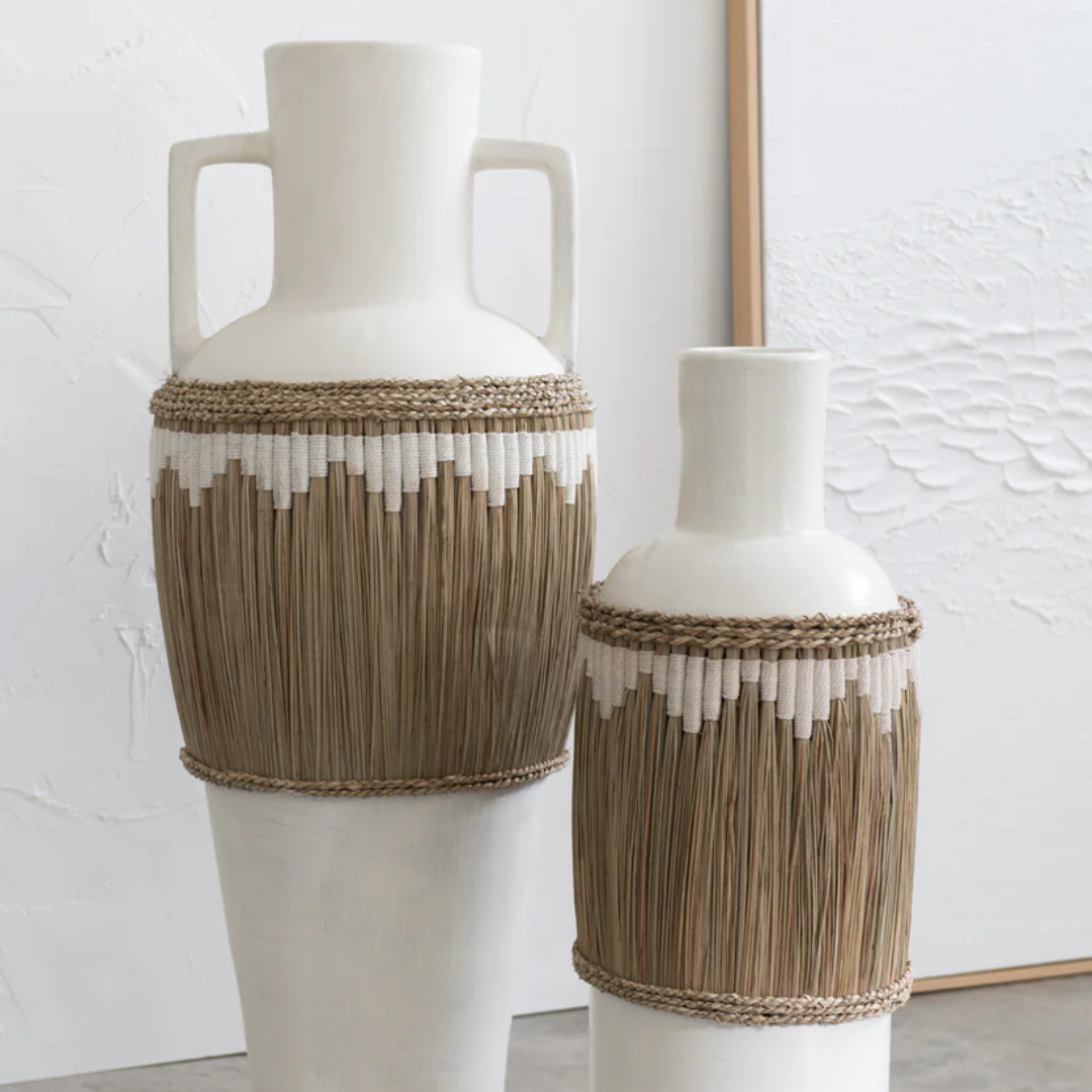 Vaas +Handvatten Terracotta/Zeegras Wit/Natuurlijk