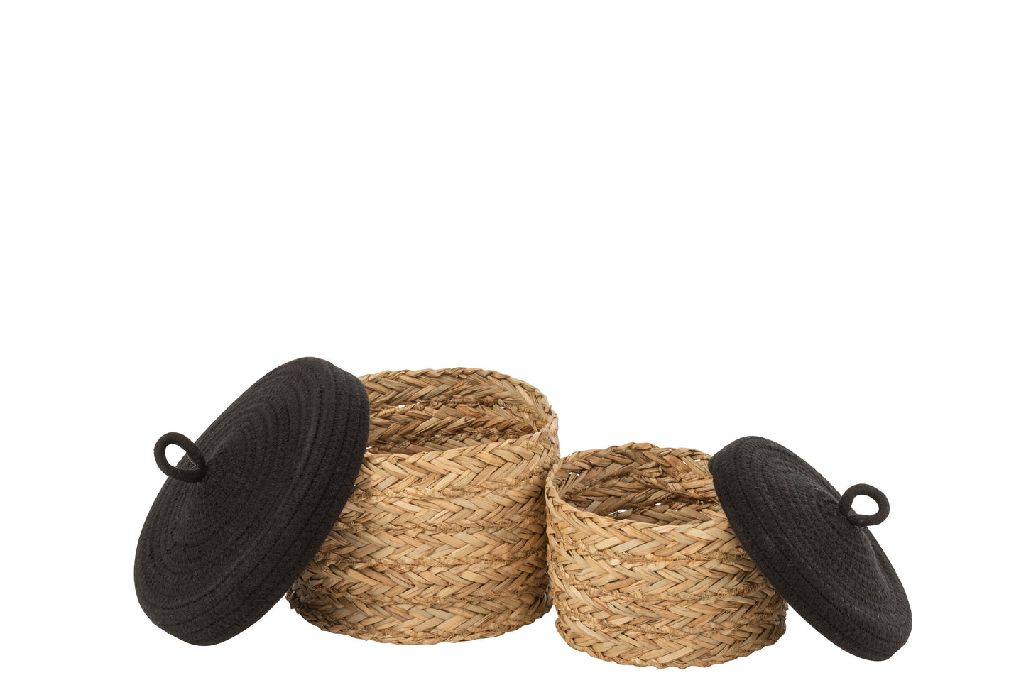 Set van 2 manden + deksel rond gras/katoen natuurlijk/zwart