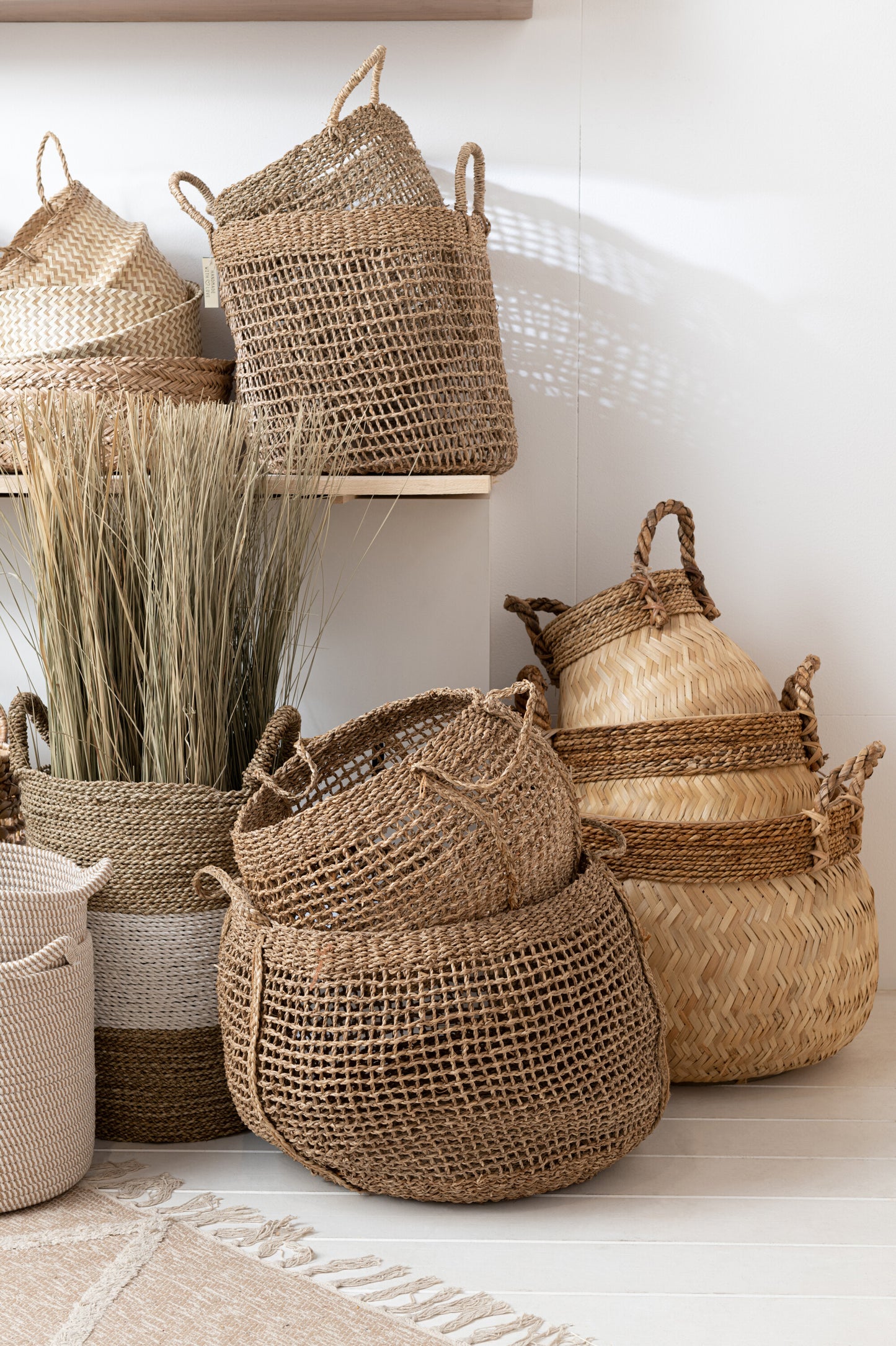 Set van 3 manden + handvat bal bamboe + touw natuurlijk klein