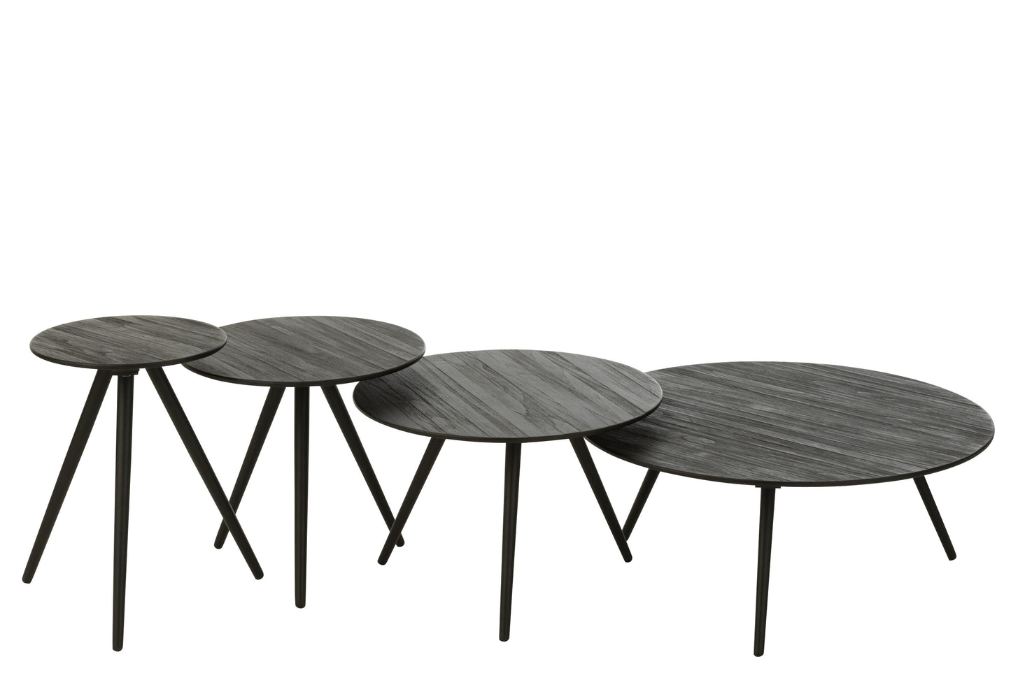 Set van 4 ronde tafels van gerecycled teakhout in het zwart.