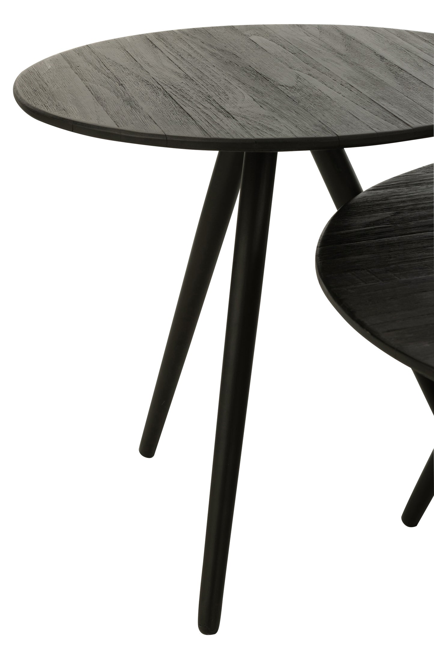 Set van 4 ronde tafels van gerecycled teakhout in het zwart.