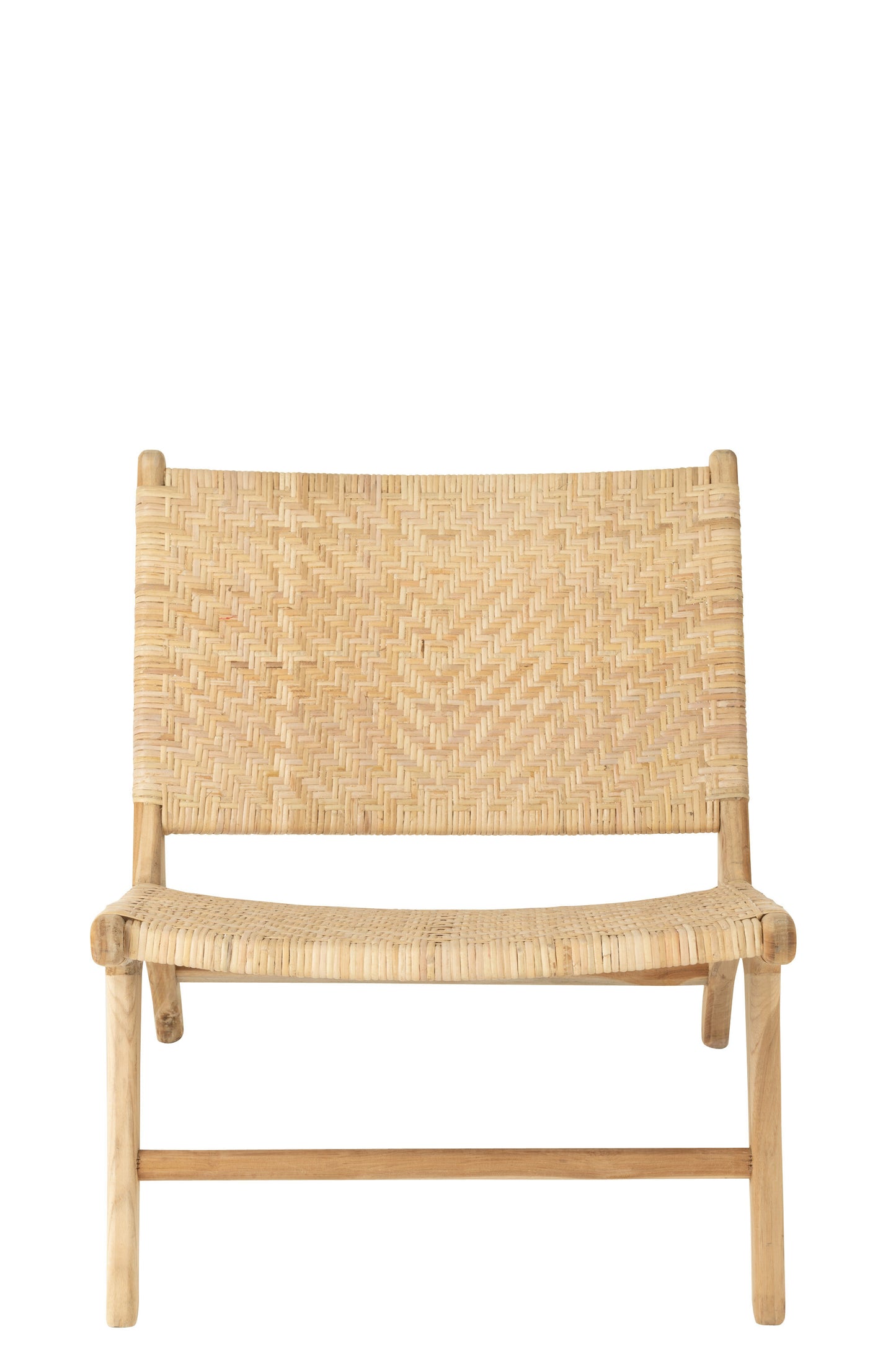 Lounge stoel met strak vlechtwerk van natuurlijk rattan.