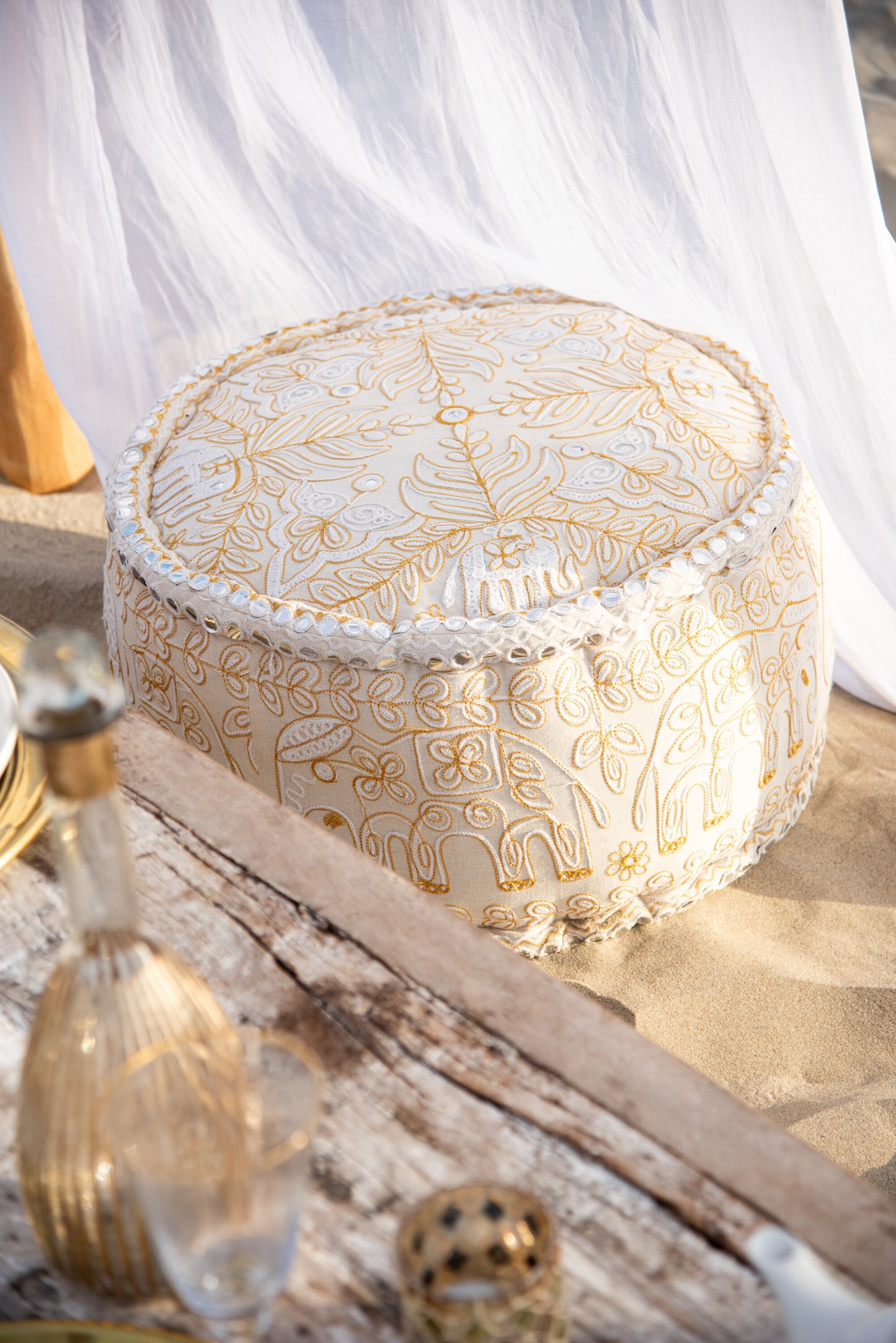 Pouf Ronde Olifanten+Spiegels Katoen Crème/Goud Groot