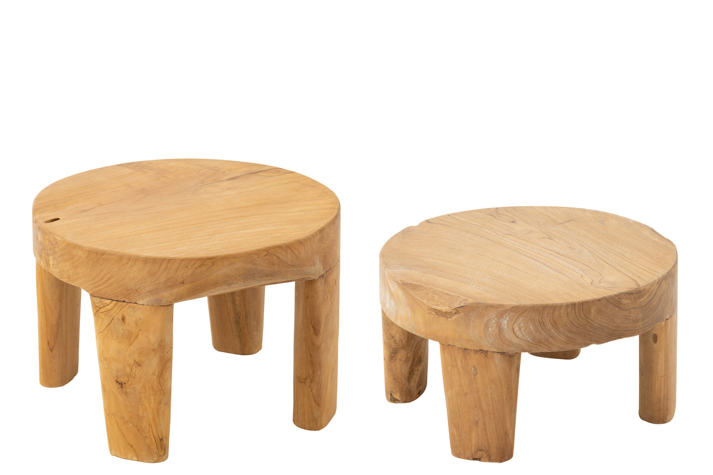 Set van 2 ronde tafels van teakhout natuurlijk
