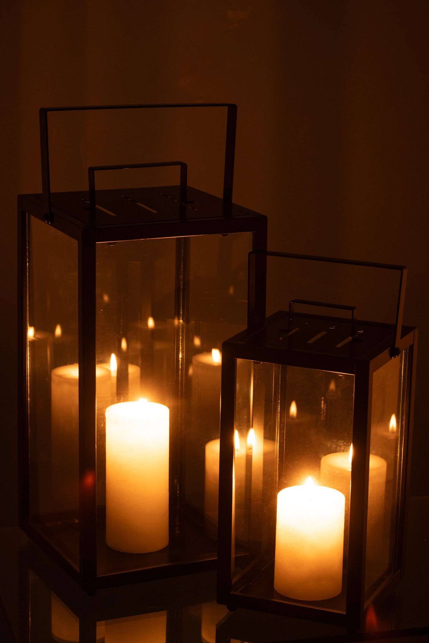 Set van 2 lantaarns rechthoekig Alo-ijzer/glas zwart