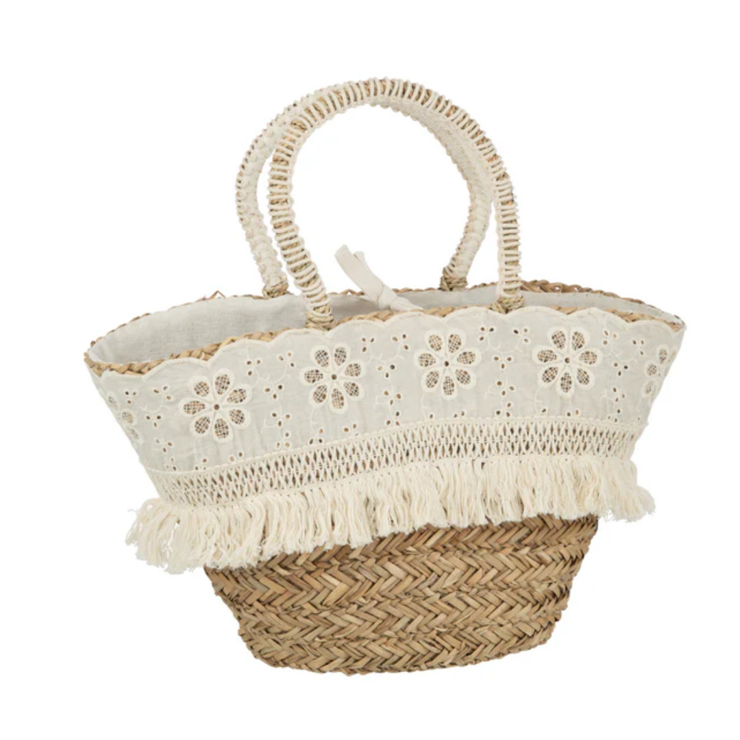 Strandtas Bloemen+Franjes Zeegras Natuur/Crème