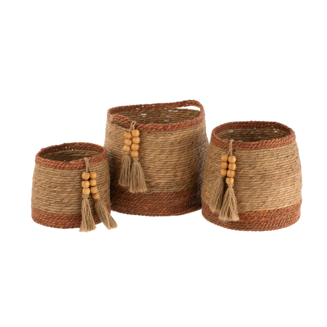 Set van 3 manden rond parelnatuur/bruin