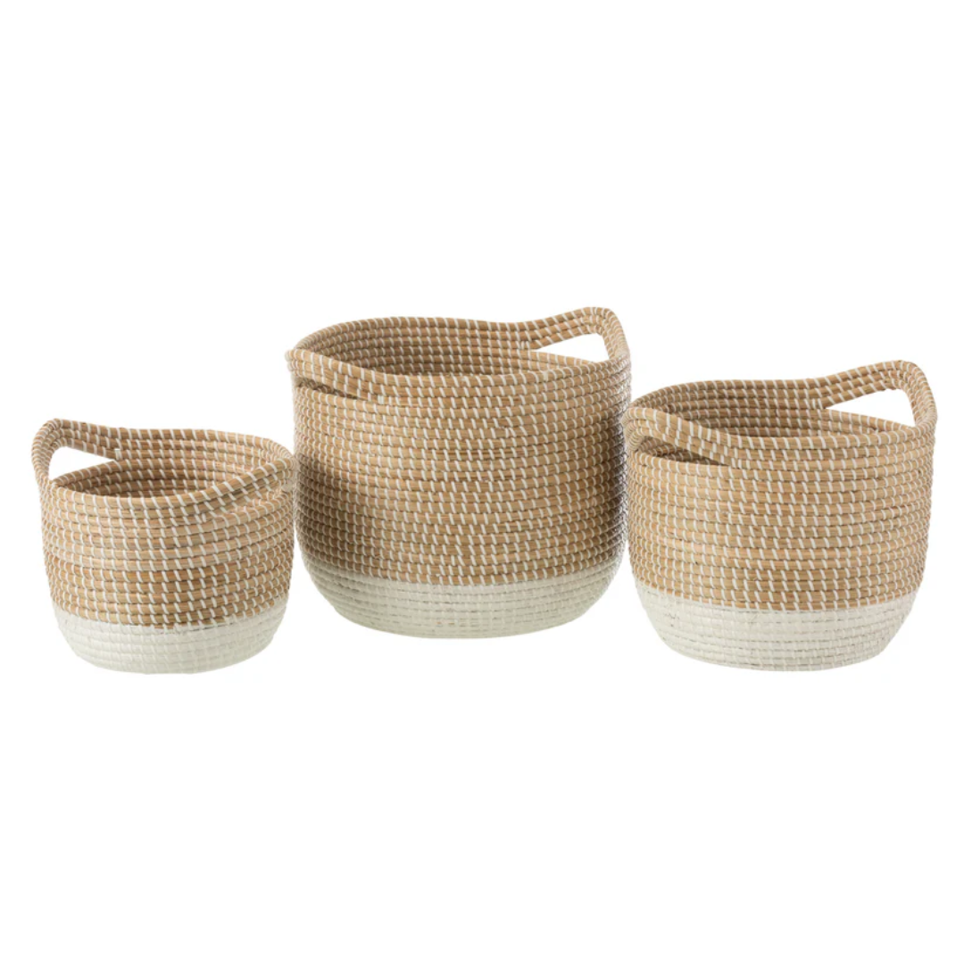 Set van 3 manden rond zeegras natuurlijk/wit