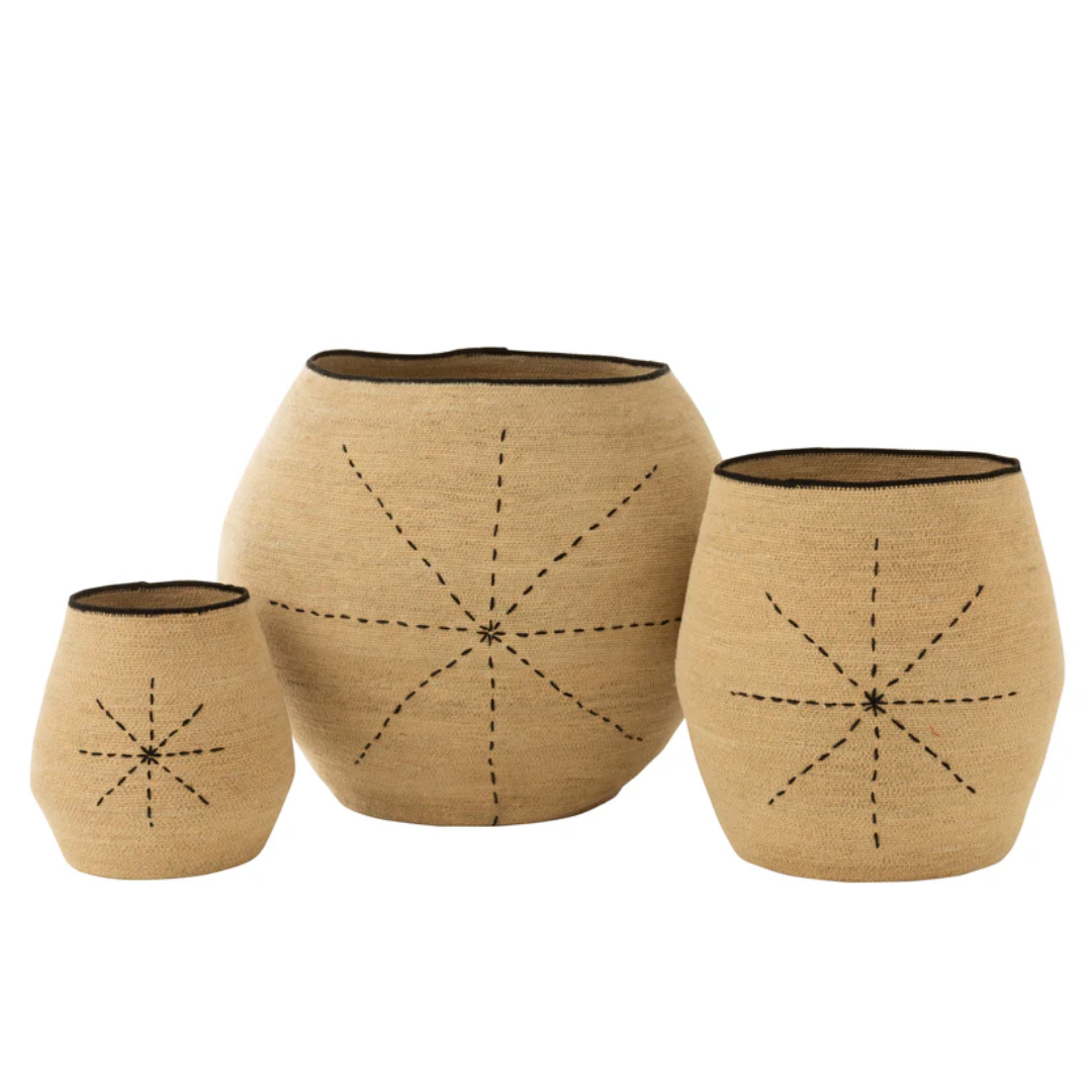 Set van 3 manden Ster Gestippelde Lijnen Zeegras Natuur/Zwart