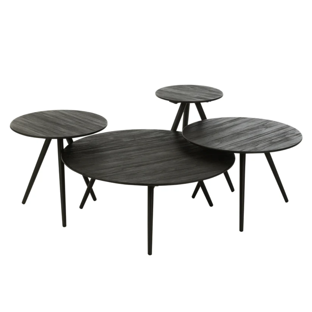 Set van 4 ronde tafels van gerecycled teakhout in het zwart.