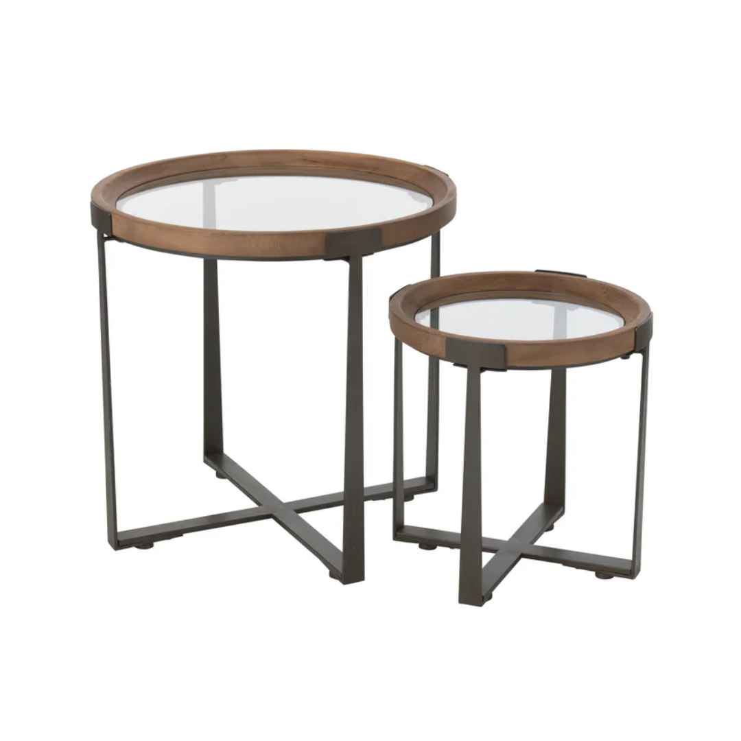 Set van 2 salontafels Mijn Glas/Vurenhout Natuur/Zwart