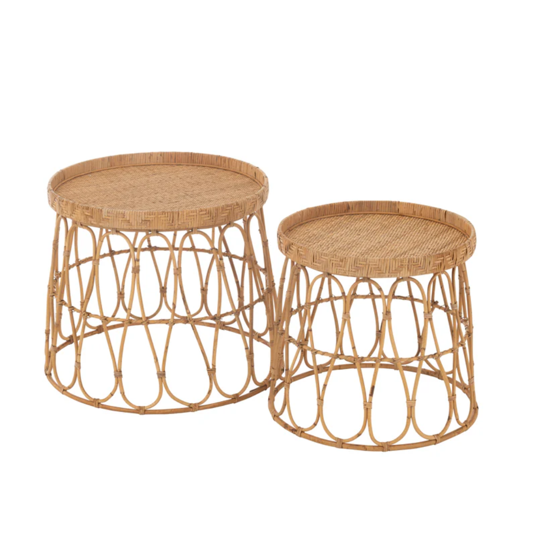 Set van 2 tafels rond rotan/multiplex natuurlijk