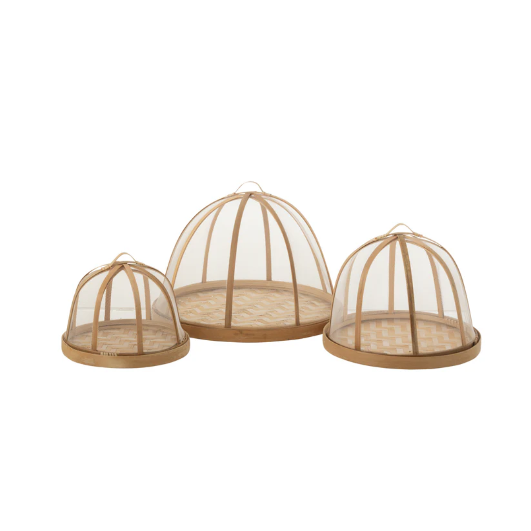 Set van 3 dienblad + voedselhoes bamboe naturel/wit