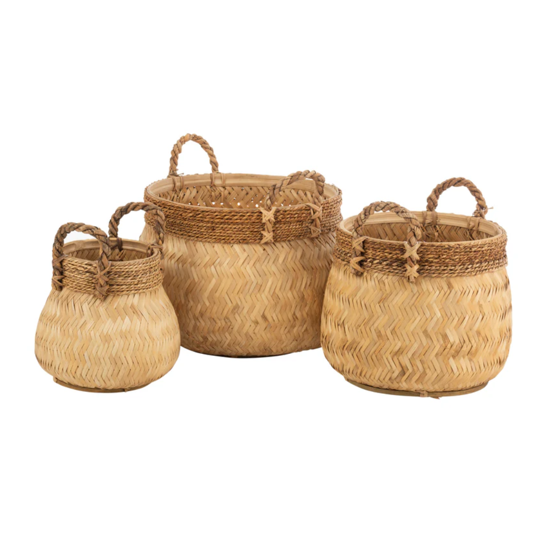 Set van 3 manden + handvat bal bamboe + touw natuurlijk klein