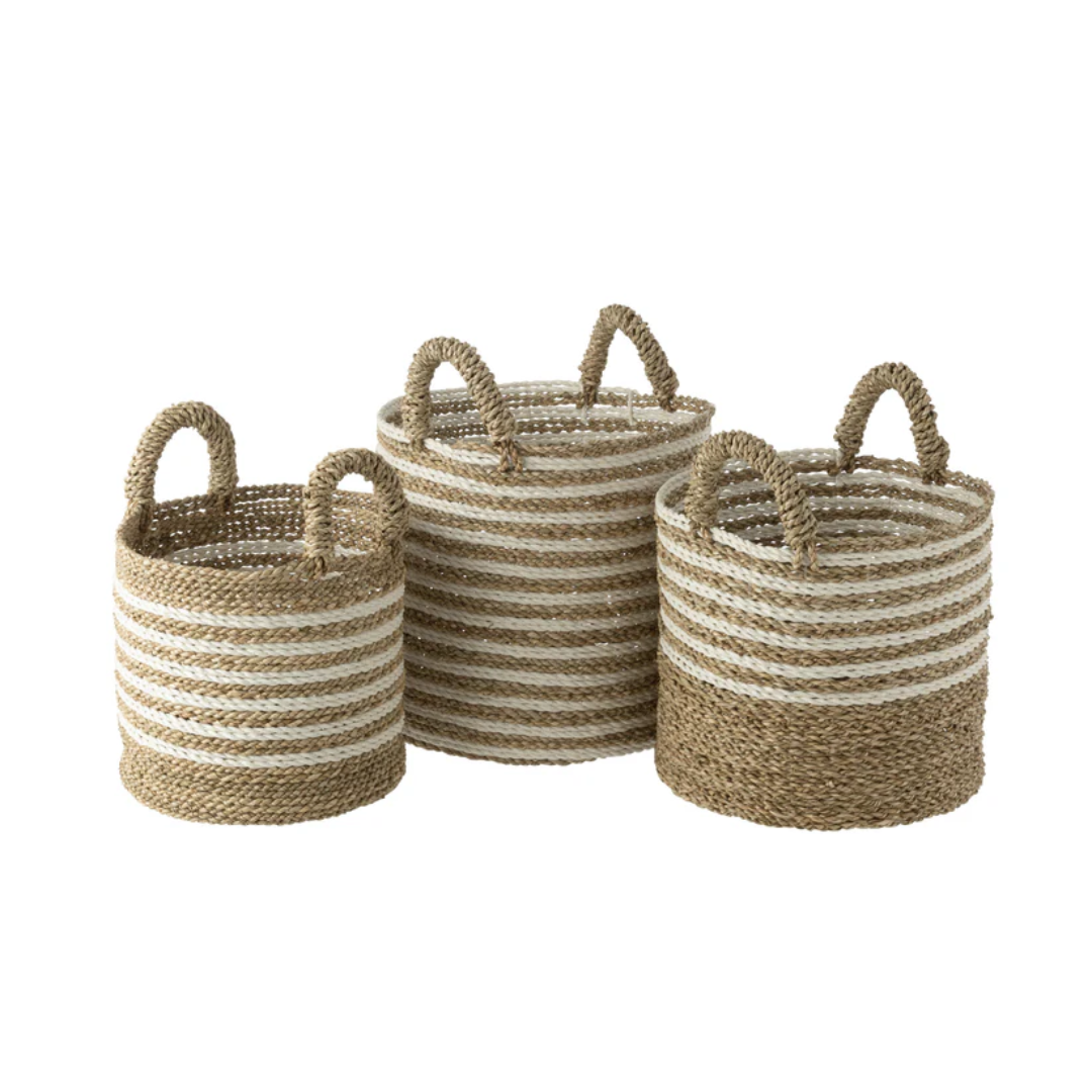 Set van 3 manden gestreept raffia wit/natuurlijk