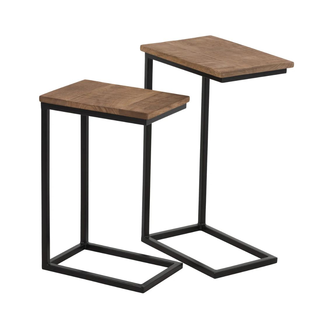S/2 Bijzettafel Rechthoek Metaal/Hout Zwart/Natuurlijk
