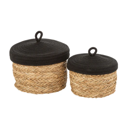 Set van 2 manden + deksel rond gras/katoen natuurlijk/zwart