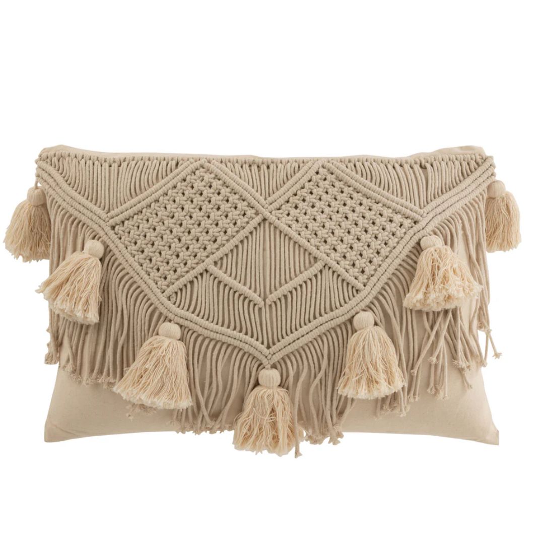 Kussen Pompom Macramé Rechthoek Katoen Beige