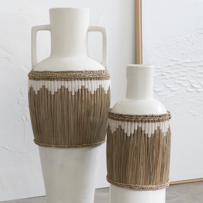 Vaas +Handvatten Terracotta/Zeegras Wit/Natuurlijk