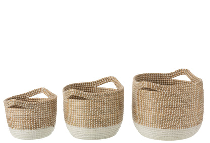 Set van 3 manden rond zeegras natuurlijk/wit