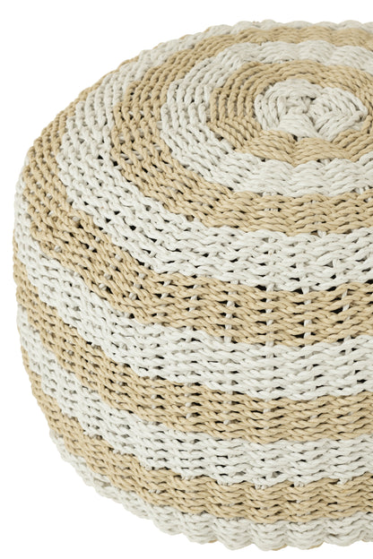 Poef rond Horizontale Strepen Naturel/Wit Geweven Plastic