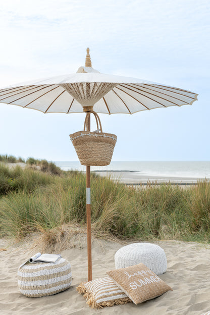 Poef rond Horizontale Strepen Naturel/Wit Geweven Plastic