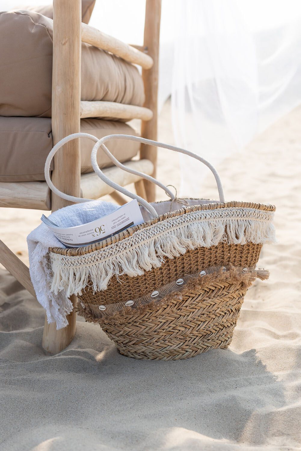 Strandtas met rietkwastjes van jute natuur/ecru