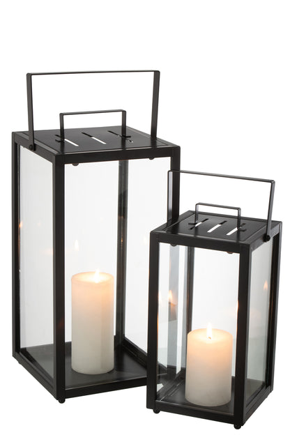 Set van 2 lantaarns rechthoekig Alo-ijzer/glas zwart