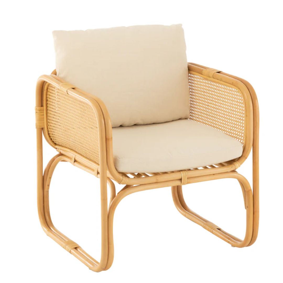 Fauteuil + Kussen Rotan/Textiel Naturel/Wit