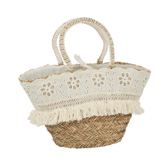 Strandtas Bloemen+Franjes Zeegras Natuur/Crème