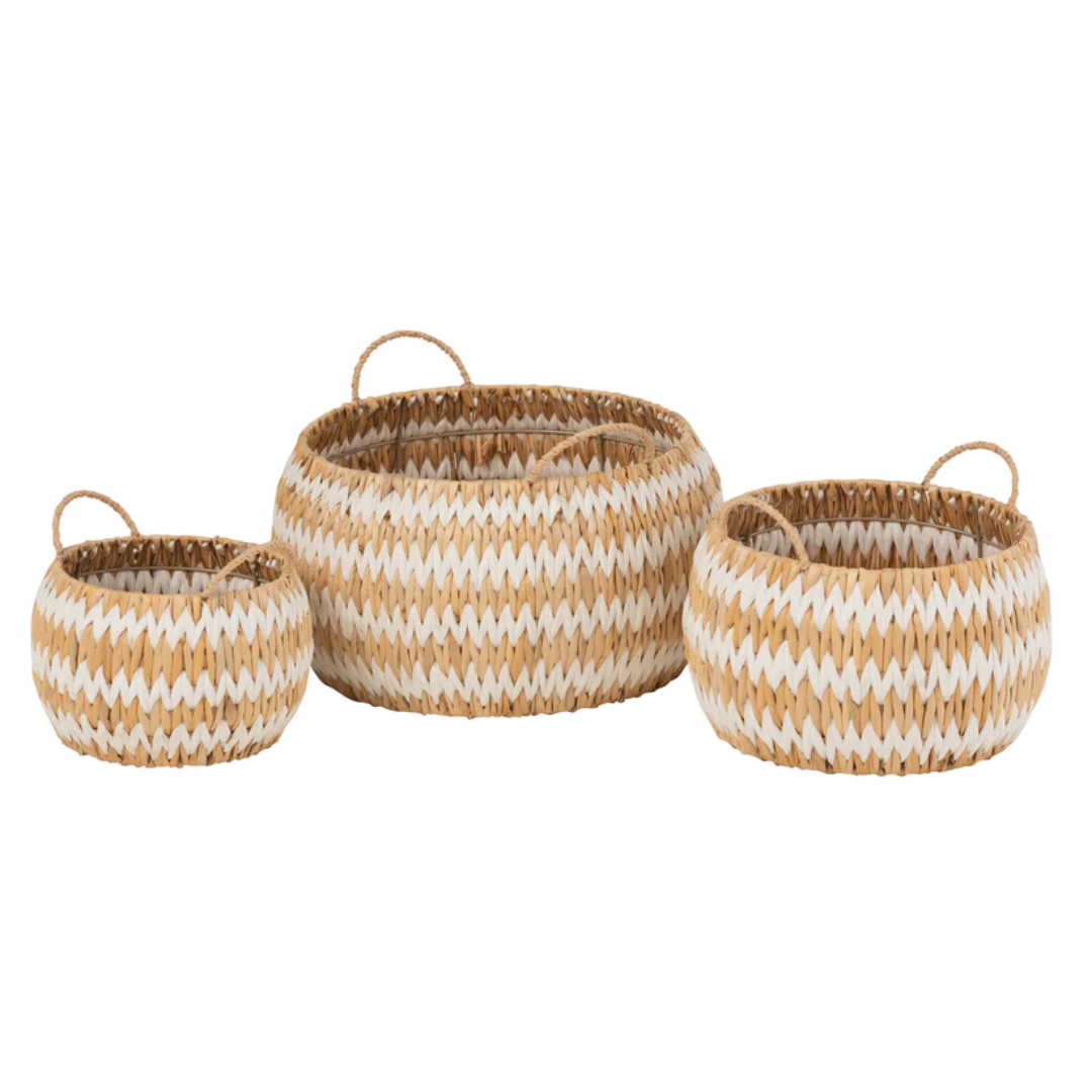 Set van 3 manden Lys rond plat gras natuurlijk/wit