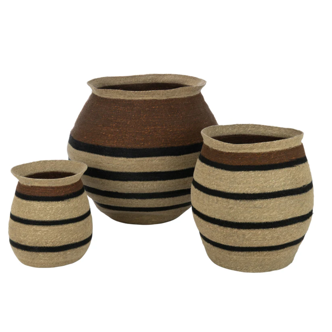 Set van 3 manden Ronde Gestreepte Marie Zeegras Bruin Zwart
