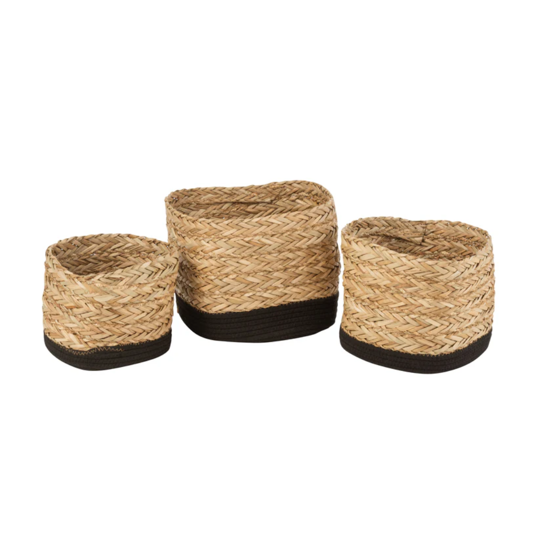 Set van 3 manden Vierkant Gras/Katoen Natuur/Zwart
