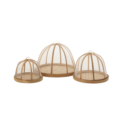 Set van 3 dienblad + voedselhoes bamboe naturel/wit
