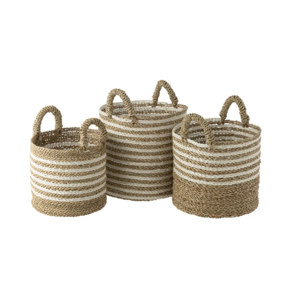 Set van 3 manden gestreept raffia wit/natuurlijk