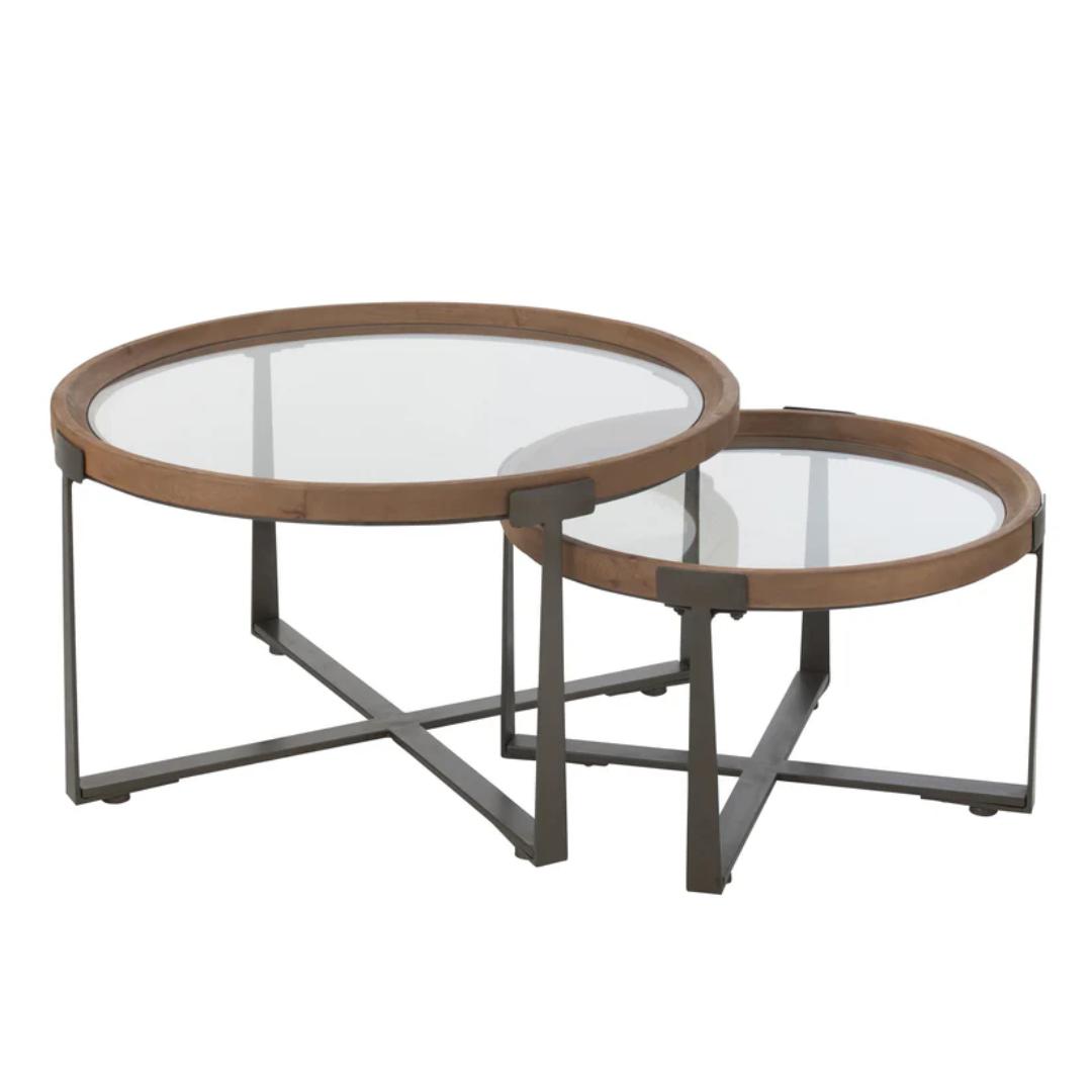 Set van 2 salontafels Luki Glas/Vurenhout Natuur/Zwart