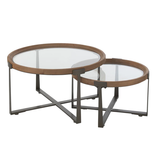 Set van 2 salontafels Luki Glas/Vurenhout Natuur/Zwart