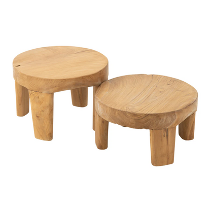 Set van 2 ronde tafels van teakhout natuurlijk