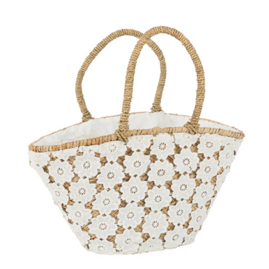 Strandtas Kant Bloemenpatroon Jute Natuurlijk/Wit
