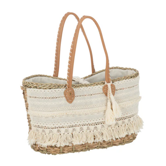 Strandtas Kant+Kwast Jute Natuur/Wit Klein