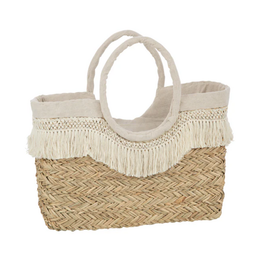 Strandtas met franjes van gevlochten zeegras natuurlijk/roomkleurig