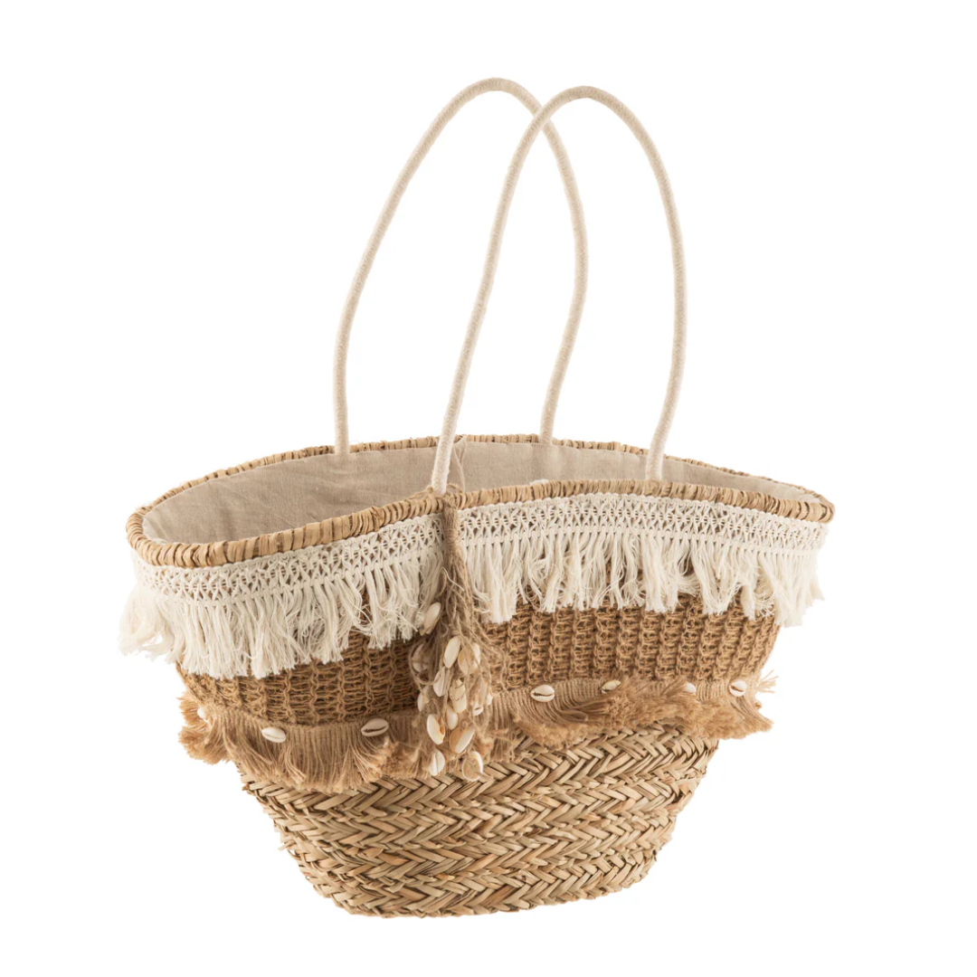 Strandtas met rietkwastjes van jute natuur/ecru