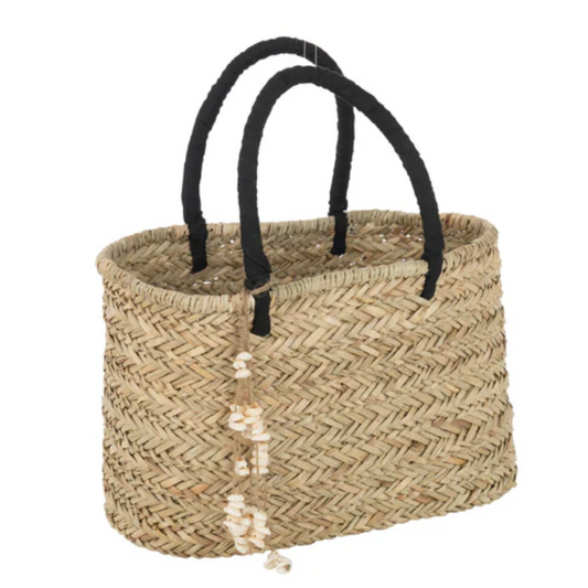 Strandtas met schelpen Zwarte handvatten Jute Natuur/Zwart Groot