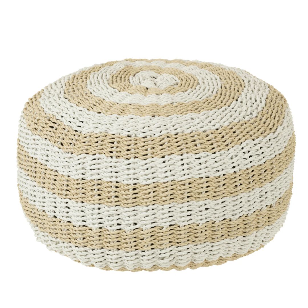 Poef rond Horizontale Strepen Naturel/Wit Geweven Plastic