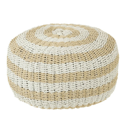 Poef rond Horizontale Strepen Naturel/Wit Geweven Plastic
