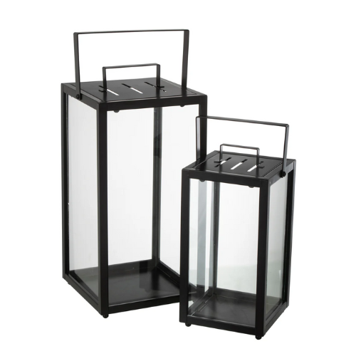 Set van 2 lantaarns rechthoekig Alo-ijzer/glas zwart