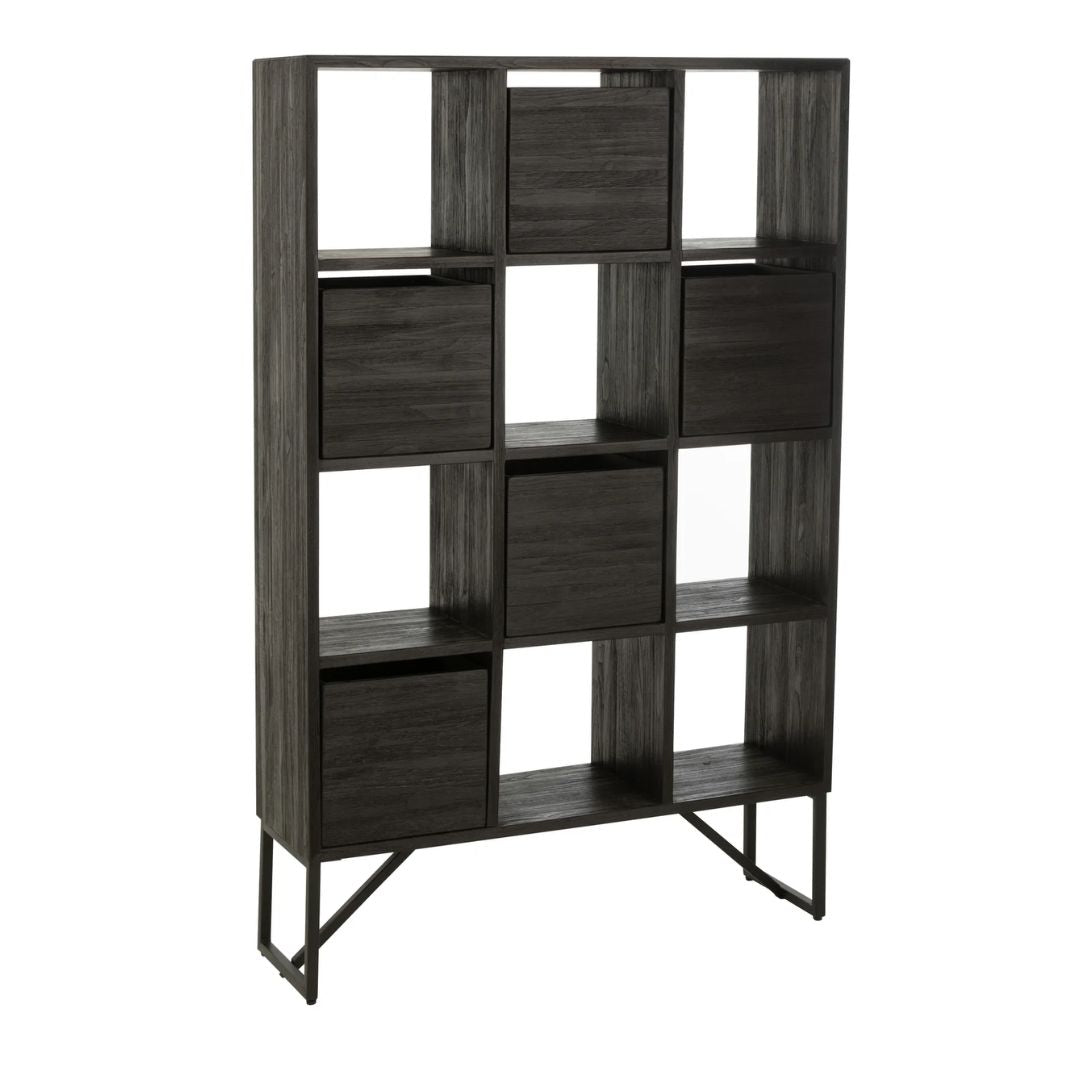 Kast met laden van gerecycled teakhout in het zwart.
