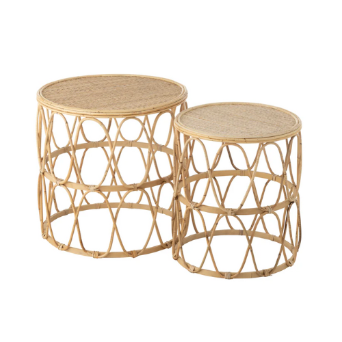 Set van 2 bijzettafels met golfpatroon van natuurlijk rattan