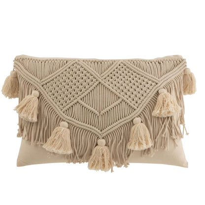 Kussen Pompom Macramé Rechthoek Katoen Beige